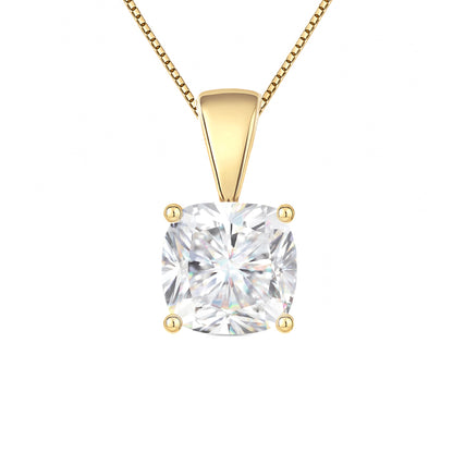 14K Gold Cushion Cut Moissanite Solitaire Necklace - Solid Bail on Box Chain