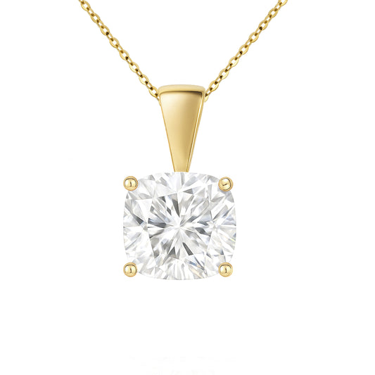 14K Gold Cushion Cut Moissanite Solitaire Necklace - Solid Bail on Cable Chain