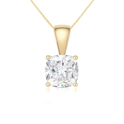 14K Gold Cushion Cut Moissanite Solitaire Necklace - Solid Bail on Cable Chain