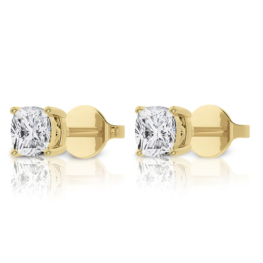 14K Gold Cushion Cut Moissanite Solitaire Stud Earrings - Push Backs