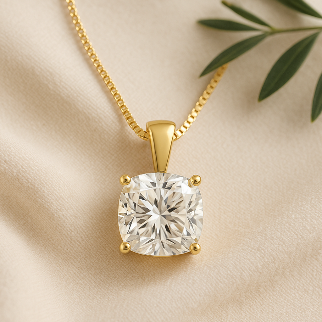 14K Gold Cushion Cut Moissanite Solitaire Necklace - Solid Bail on Box Chain