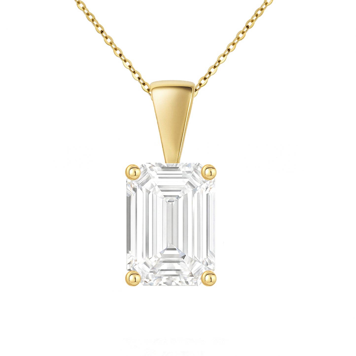14K Gold Emerald Cut Moissanite Solitaire Necklace - Solid Bail on Cable Chain