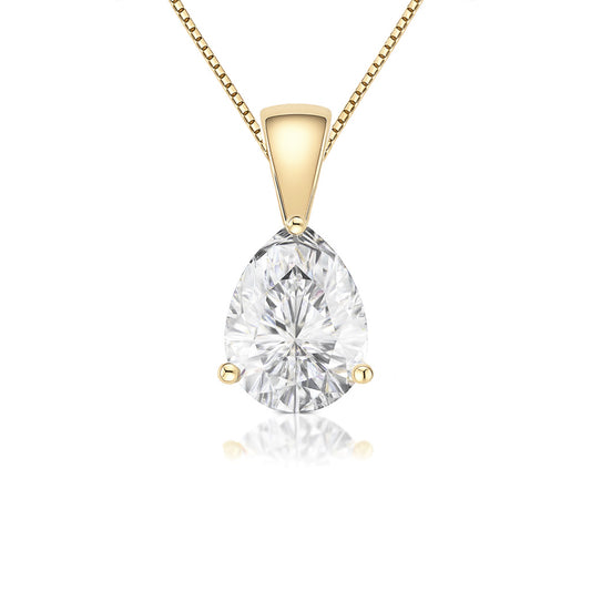 14K Gold Pear Cut Moissanite Solitaire Necklace - Solid Bail on Box Chain