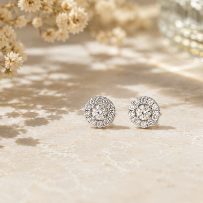 14K Gold Halo Round Moissanite Stud Earrings