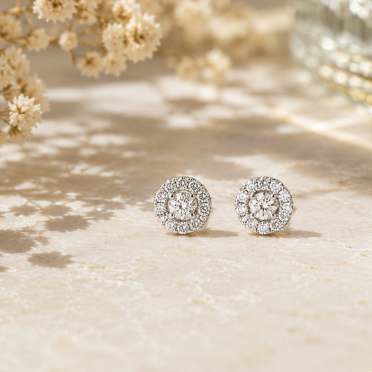 14K Gold Halo Round Moissanite Stud Earrings