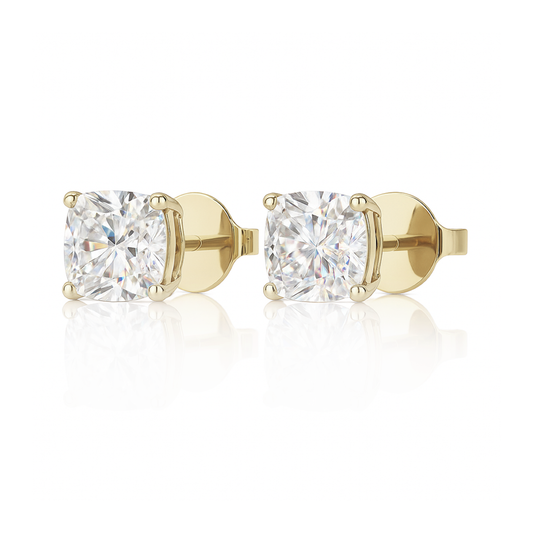 10K Gold Cushion Cut Moissanite Solitaire Stud Earrings - Push Backs