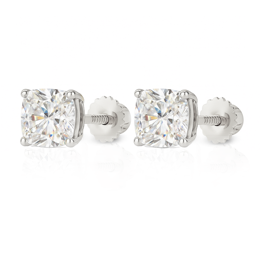 10K Gold Cushion Cut Moissanite Solitaire Stud Earrings - Screw Backs