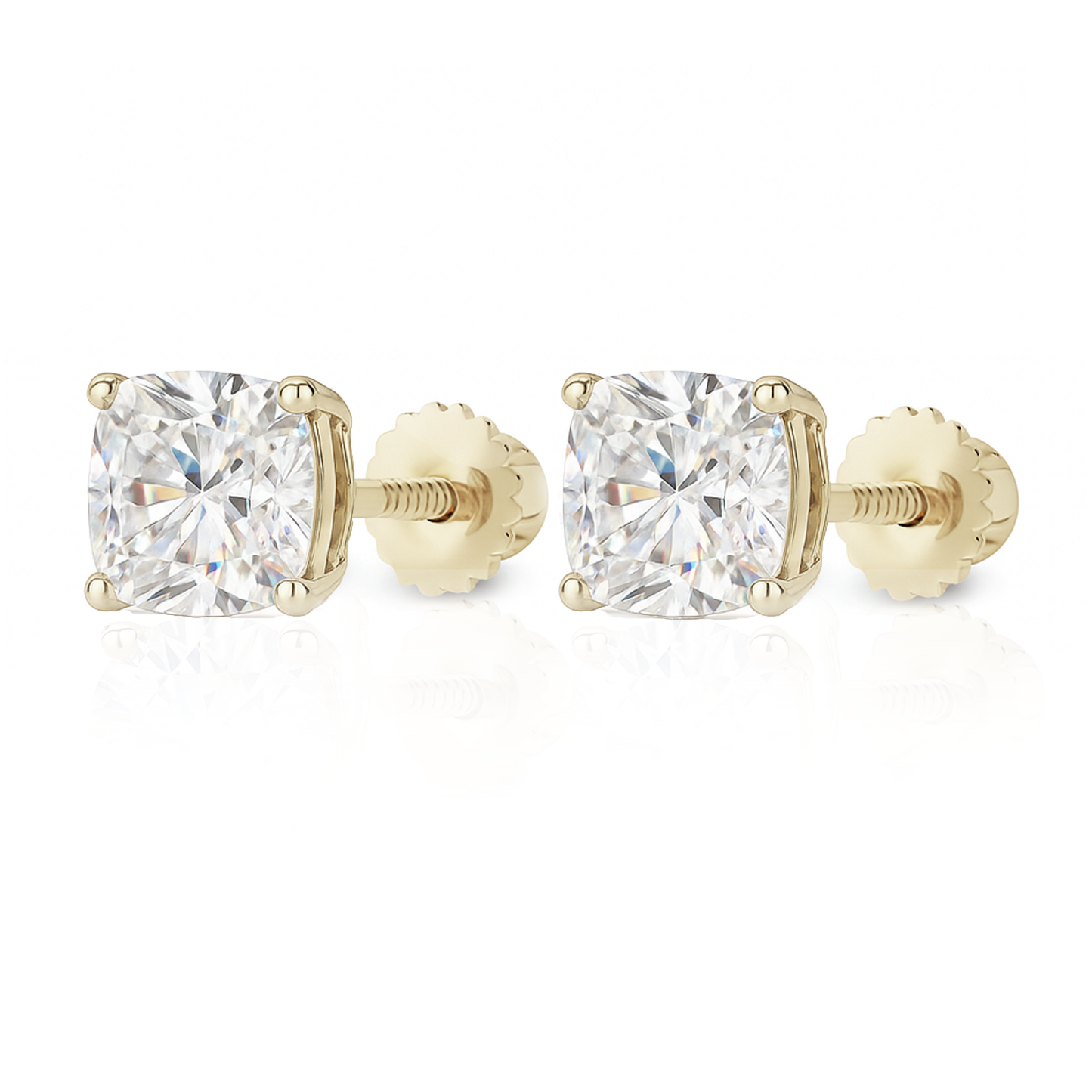 10K Gold Cushion Cut Moissanite Solitaire Stud Earrings - Screw Backs