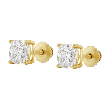 14K Gold Cushion Cut Moissanite Solitaire Stud Earrings - Screw Backs