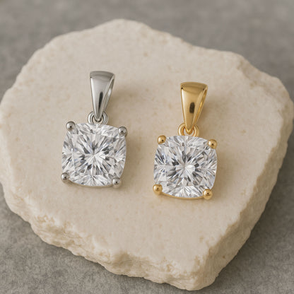 14K Gold Cushion Cut Moissanite Solitaire Pendant Only - Dangle Bail