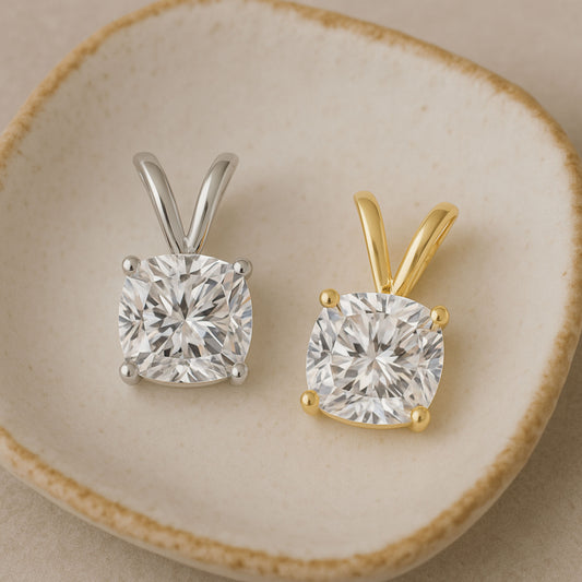 Cushion Cut Solitaire Moissanite Pendant - Double Loop Bail