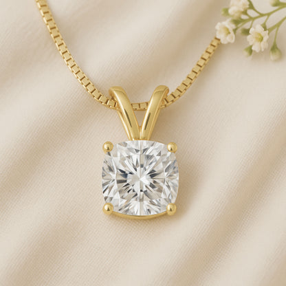 14K Gold Cushion Cut Moissanite Solitaire Necklace - Double Loop Bail on Box