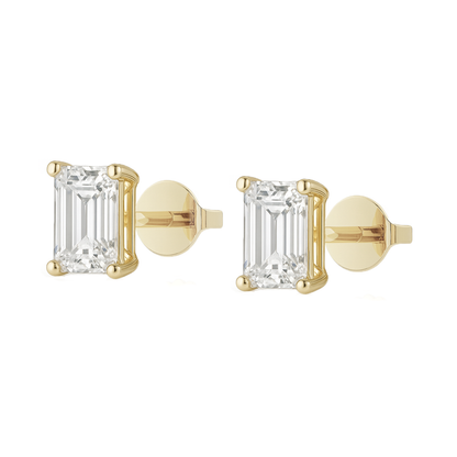 10K Gold Emerald Cut Moissanite Solitaire Stud Earrings - Push Backs