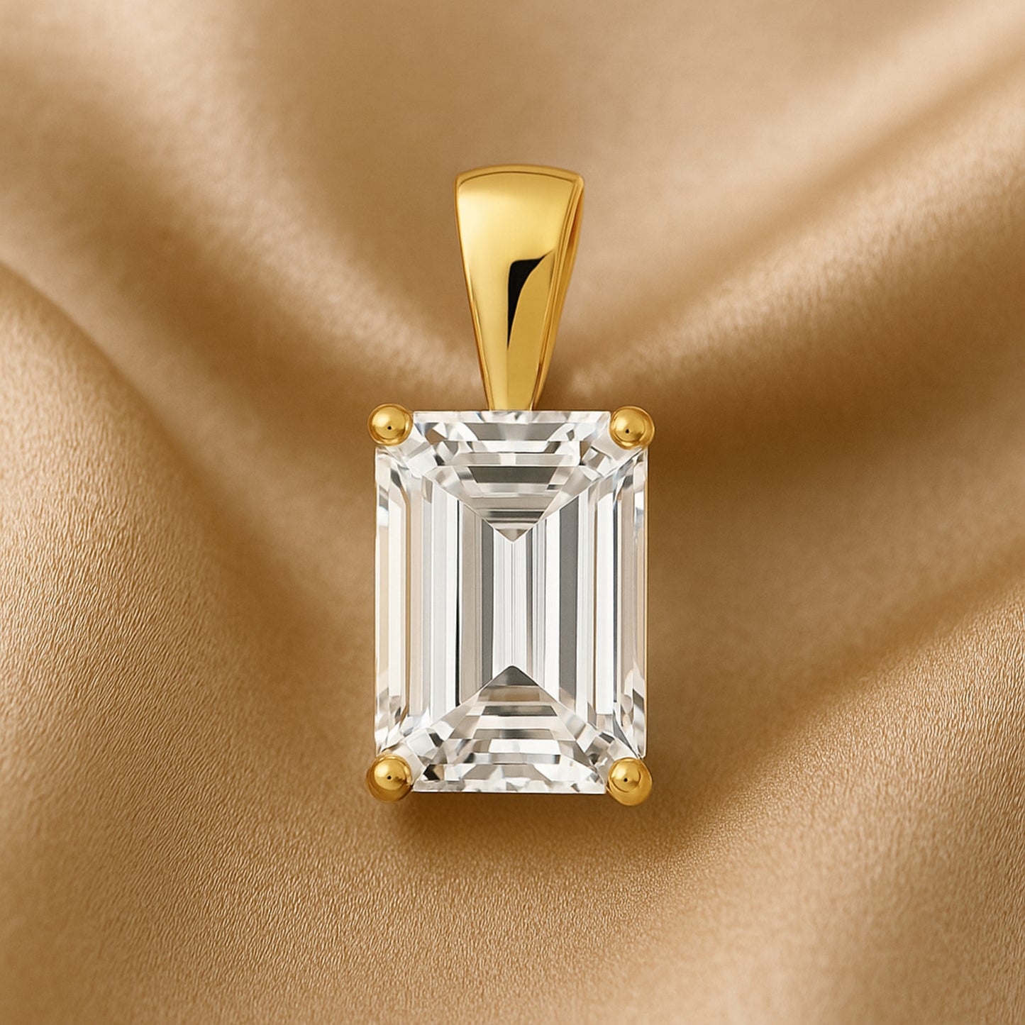 14K Gold Emerald Cut Moissanite Solitaire Pendant Only - Solid Bail