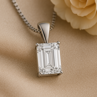 14K Gold Emerald Cut Moissanite Solitaire Necklace - Solid Bail on Box Chain