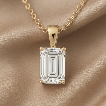14K Gold Emerald Cut Moissanite Solitaire Necklace - Solid Bail on Cable Chain