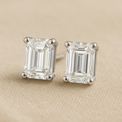 10K Gold Emerald Cut Moissanite Solitaire Stud Earrings - Push Backs