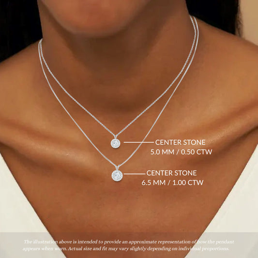 14K Gold Round Cut Halo Moissanite Necklace - Double Loop Bail with Cable Chain