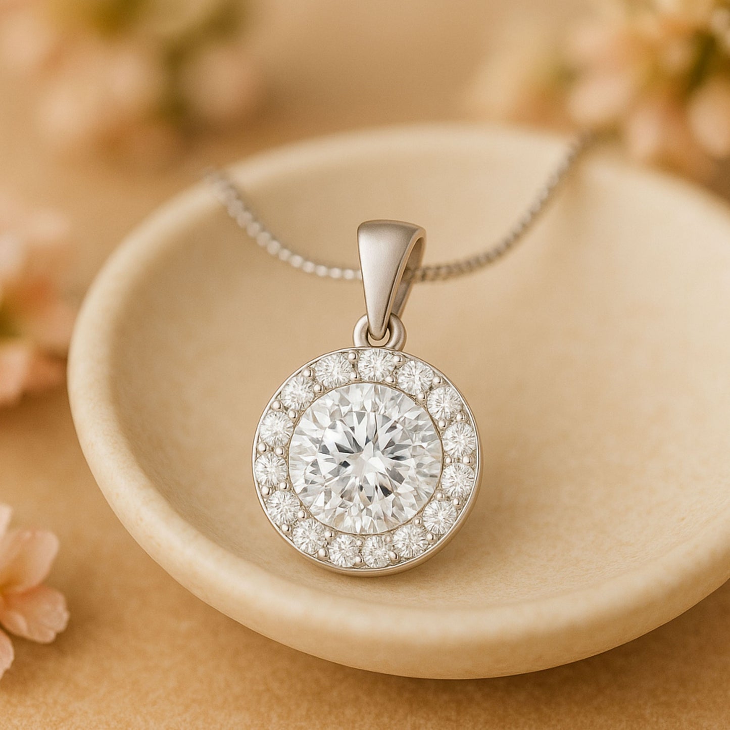 14K Gold Round Cut Halo Moissanite Necklace - Dangle Bail with Box Chain