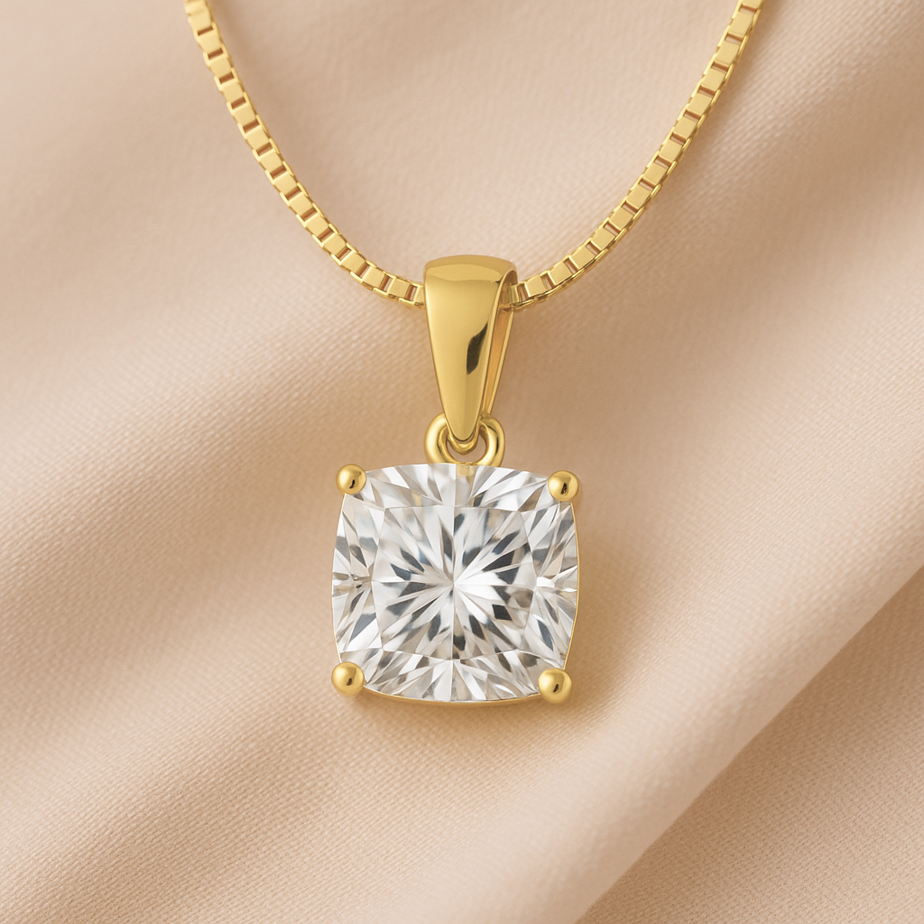 14K Gold Cushion Cut Moissanite Solitaire Necklace - Dangle Bail on Box Chain