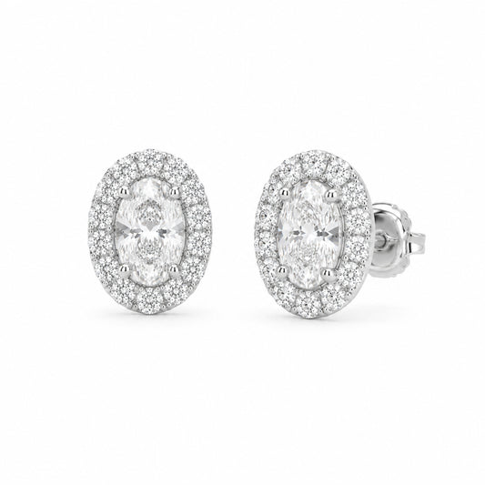 14K Gold Halo Oval Moissanite Stud Earrings