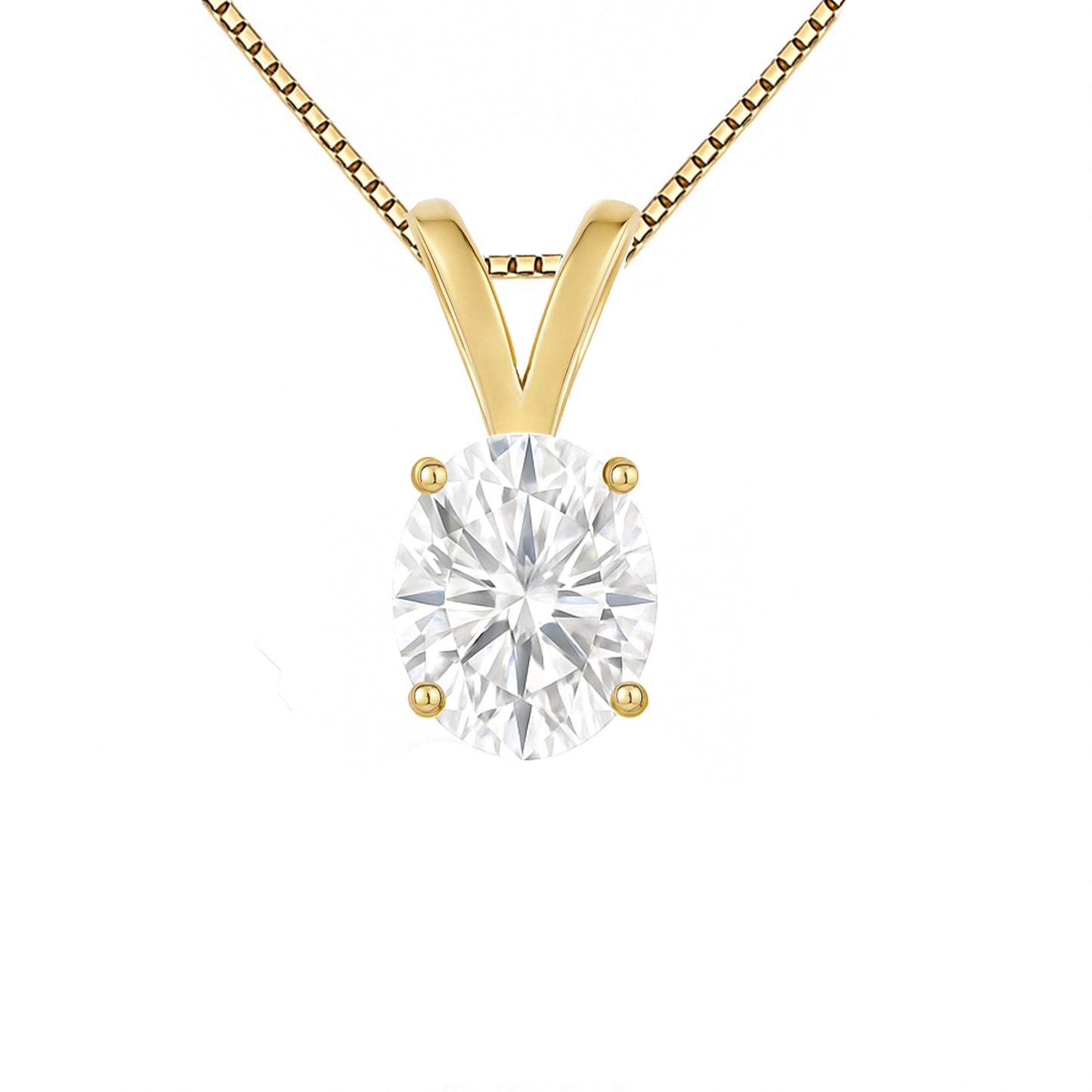 14K Gold Oval Cut Moissanite Solitaire Necklace - Double Loop Bail on Box Chain