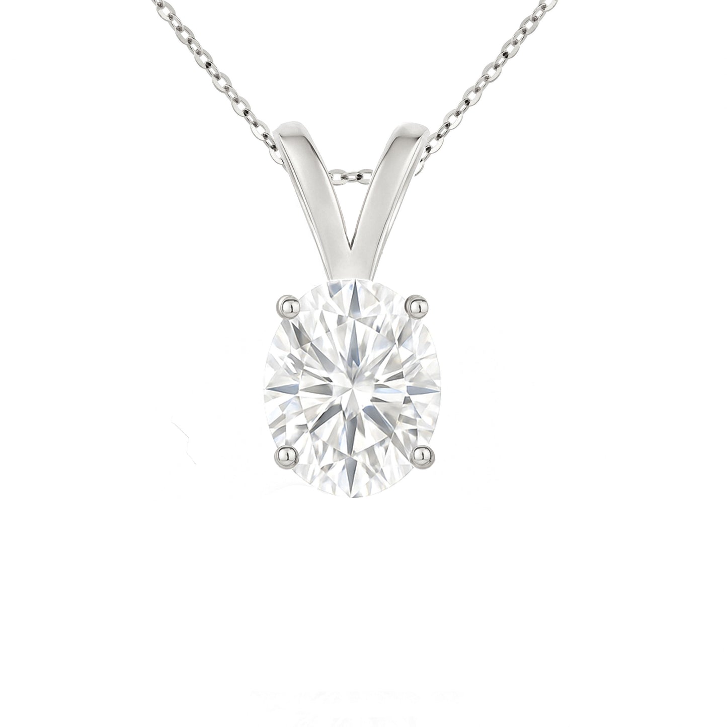14K Gold Oval Cut Moissanite Solitaire Necklace - Double Loop Bail on Cable Chain