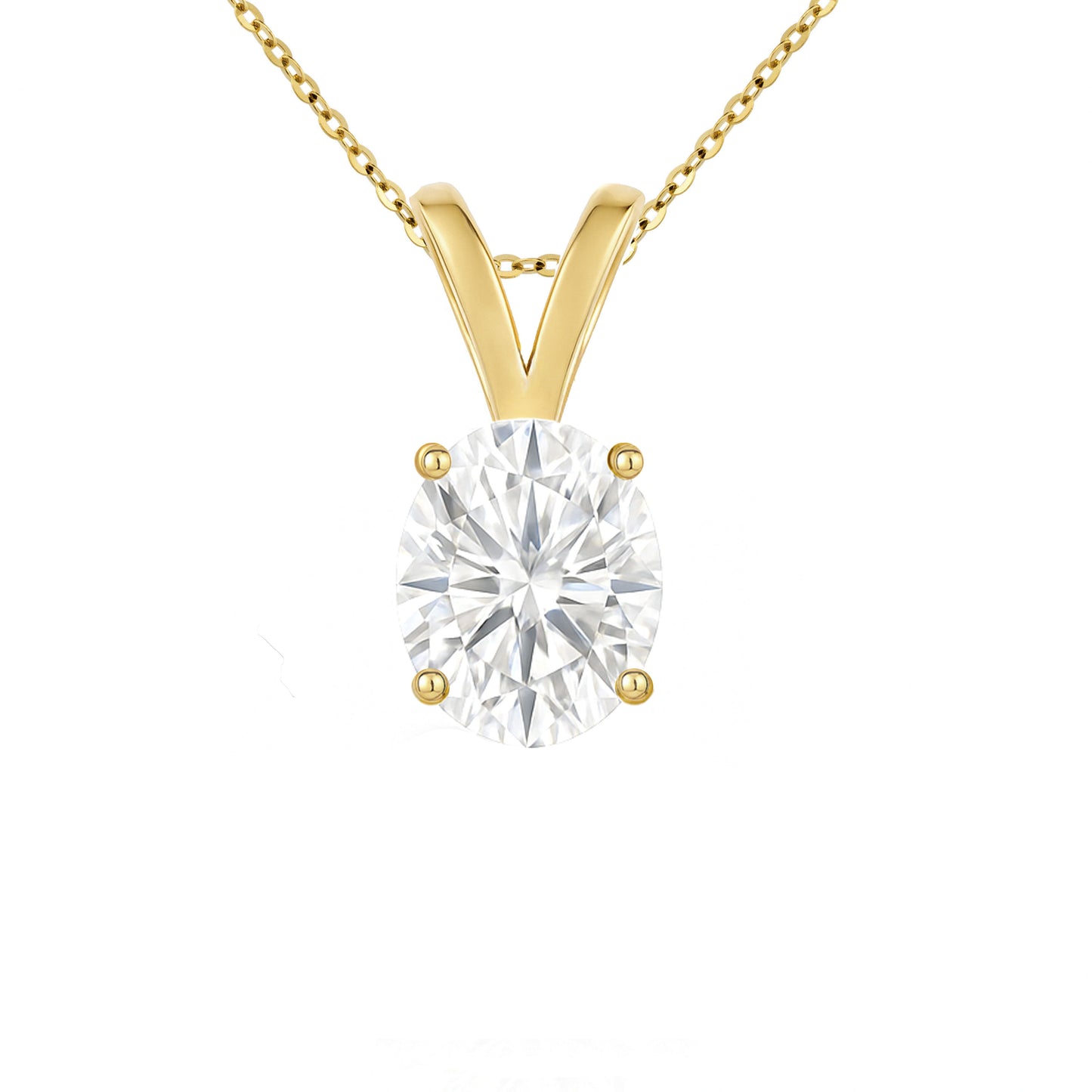 14K Gold Oval Cut Moissanite Solitaire Necklace - Double Loop Bail on Cable Chain