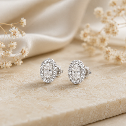 14K Gold Halo Oval Moissanite Stud Earrings