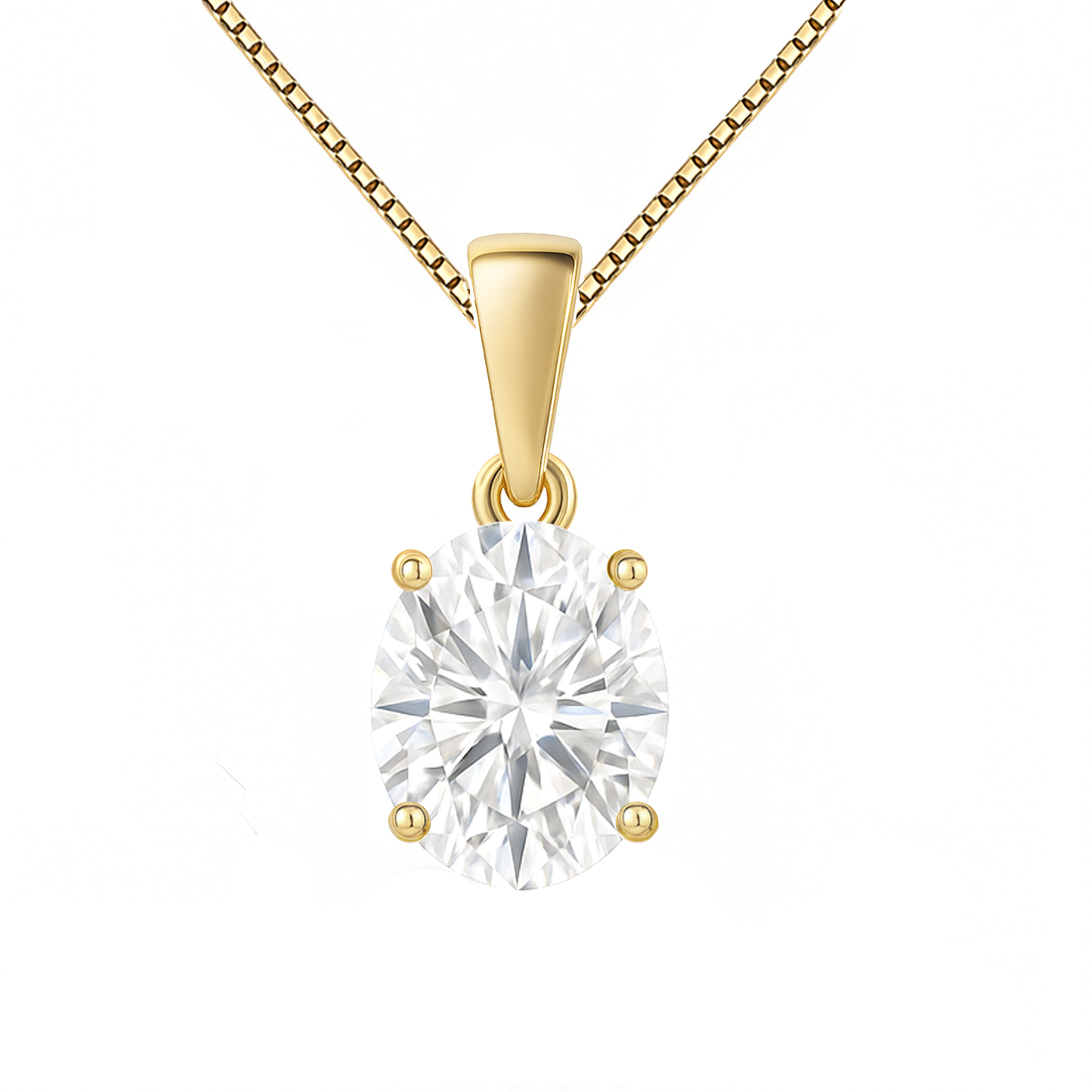 14K Gold Oval Cut Moissanite Solitaire Necklace - Dangle Bail on Box Chain