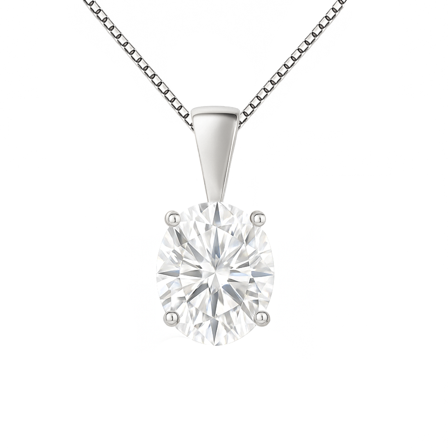 14K Gold Oval Cut Moissanite Solitaire Necklace - Solid Bail on Box Chain
