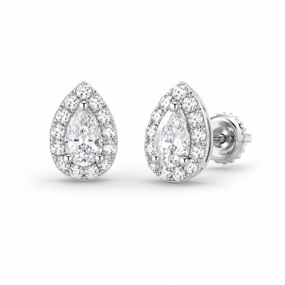 14K Gold Halo Pear Moissanite Stud Earrings