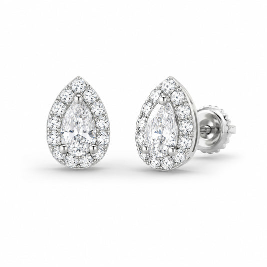 14K Gold Halo Pear Moissanite Stud Earrings