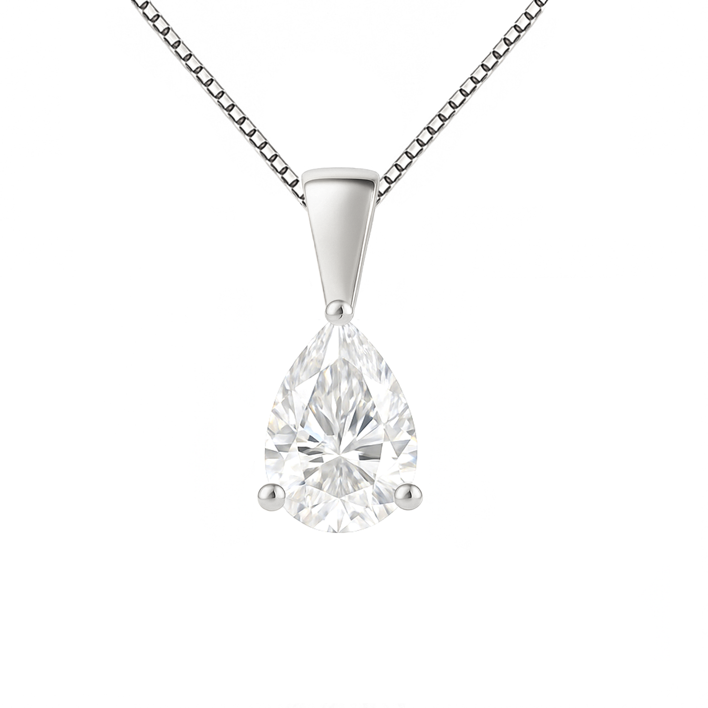 14K Gold Pear Cut Moissanite Solitaire Necklace - Solid Bail on Box Chain
