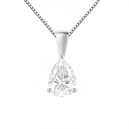 14K Gold Pear Cut Moissanite Solitaire Necklace - Solid Bail on Box Chain