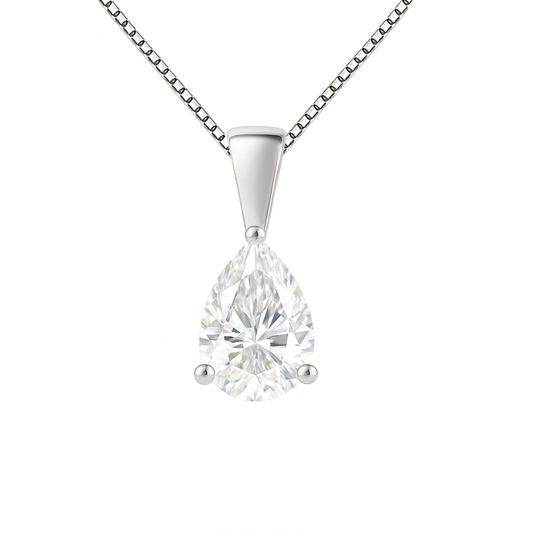 14K Gold Pear Cut Moissanite Solitaire Necklace - Solid Bail on Box Chain