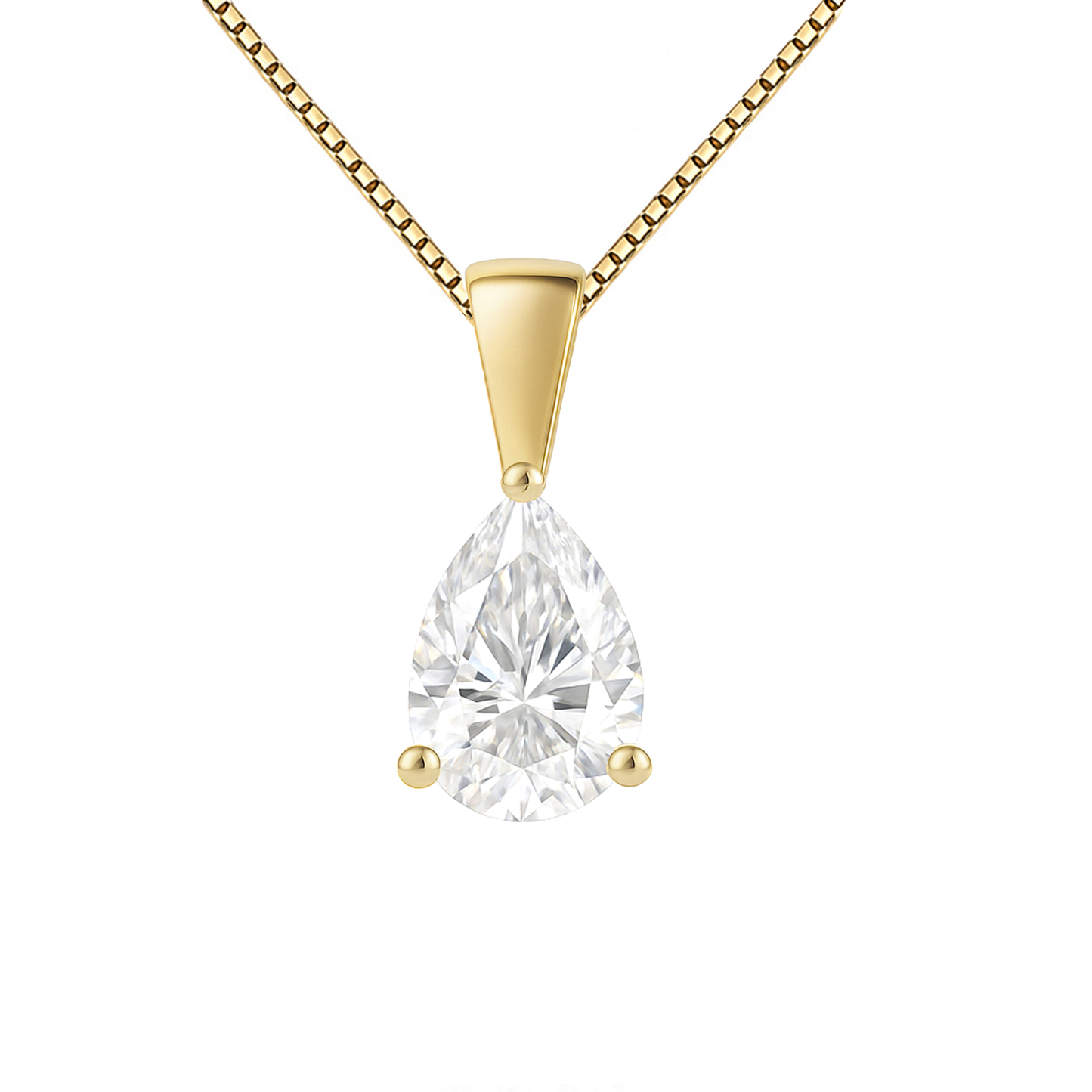 14K Gold Pear Cut Moissanite Solitaire Necklace - Solid Bail on Box Chain