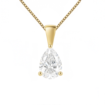 14K Gold Pear Cut Moissanite Solitaire Necklace - Solid Bail on Box Chain