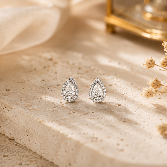 14K Gold Halo Pear Moissanite Stud Earrings