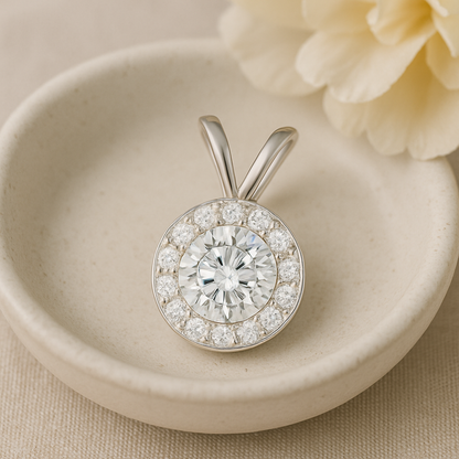 Round Cut Halo Moissanite Pendant - Double Loop Bail