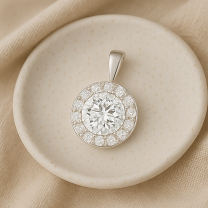 Round Cut Halo Moissanite Pendant - Solid Bail