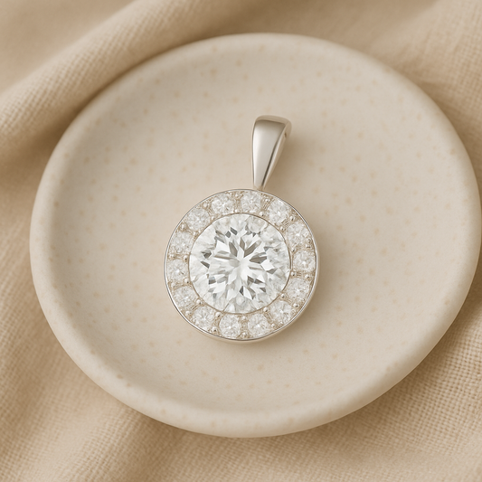 Round Cut Halo Moissanite Pendant - Solid Bail