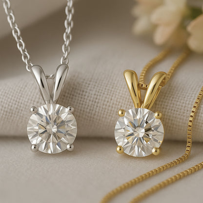 Round Cut Solitaire Moissanite Necklace - Double Loop Bail