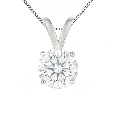 14K Gold Round Cut Moissanite Solitaire Necklace - Double Loop Bail on Box Chain