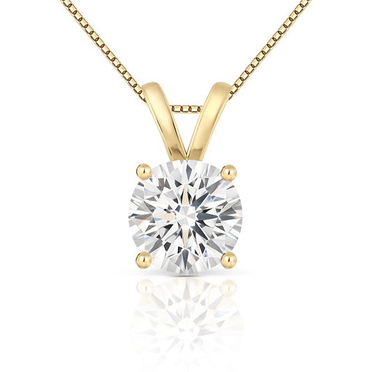 14K Gold Round Cut Moissanite Solitaire Necklace - Double Loop Bail on Box Chain