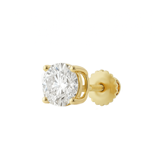 14K Gold Round Cut Moissanite Solitaire Single Stud Earring - Screw Back