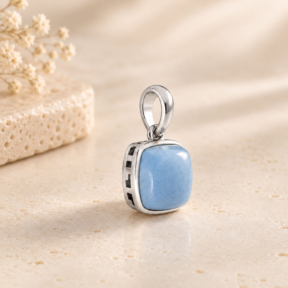 Milky Aqua Blue Cushion Pendant in Sterling Silver