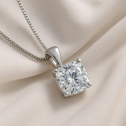 14K Gold Cushion Cut Moissanite Solitaire Necklace - Solid Bail on Box Chain