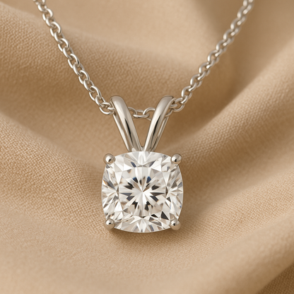 14K Gold Cushion Cut Moissanite Solitaire Necklace - Double Loop Bail on Cable Chain