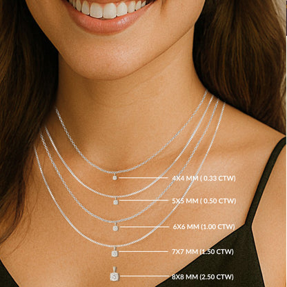 14K Gold Cushion Cut Moissanite Solitaire Necklace - Solid Bail on Cable Chain